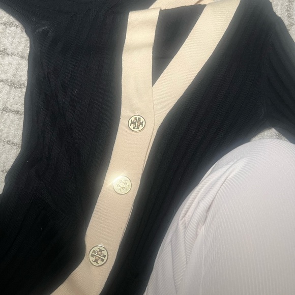 Tory Burch Wool Cardigan Sweater – Size Small – Black & Cream – Logo Buttons - Picture 7 of 12